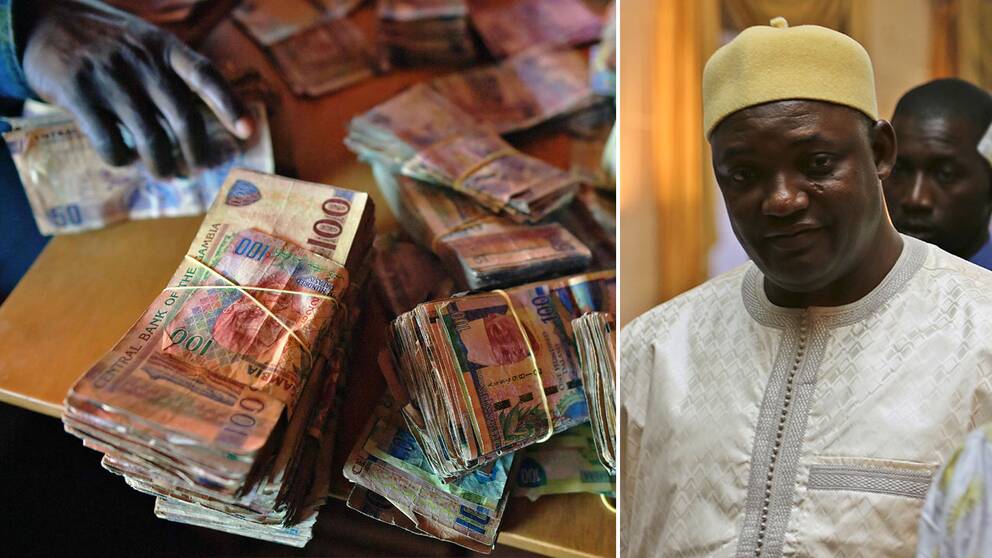 Gambiska valutan dalasi i sedlar, och president Adama Barrow.