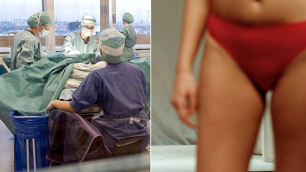 En operations sal och en kvinna i underkläder.