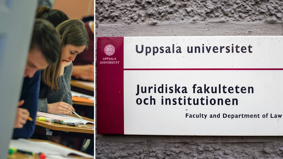 fotomontage. till vänster studenter som skriver ett prov. till höger en bild på juridiska fakulteten i Uppsala.