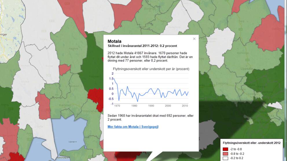SVT Pejls karta visar hur flyttningsöverskottet eller -underskottet sett ut i din kommun de senaste 44 åren.