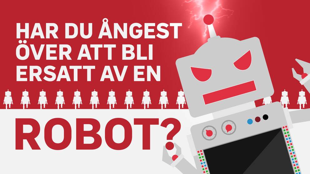 ritad bild på en arg grå robot med röd bakgrund, text: har du ångest över att bli ersatt av en robot?