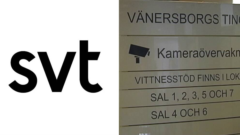 SVT-logga och en skylt på Vänersborgs tingsrätt
