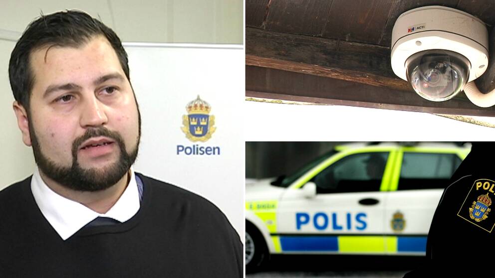 Övervakningskamer, polisbil och Joakim Söderström