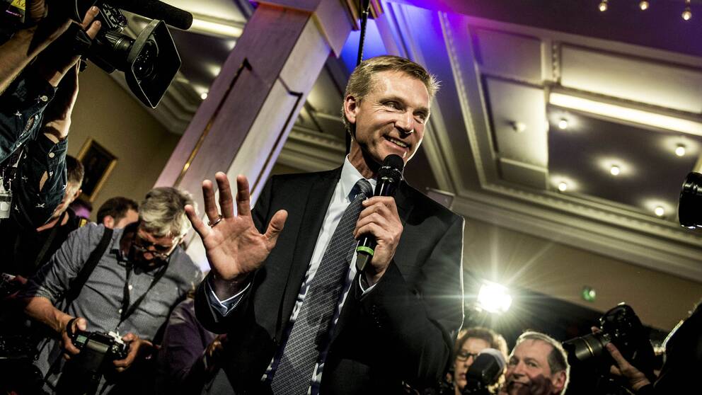 Partiledare för Dansk folkeparti, Kristian Thulesen Dahl efter valframgången år 2015.