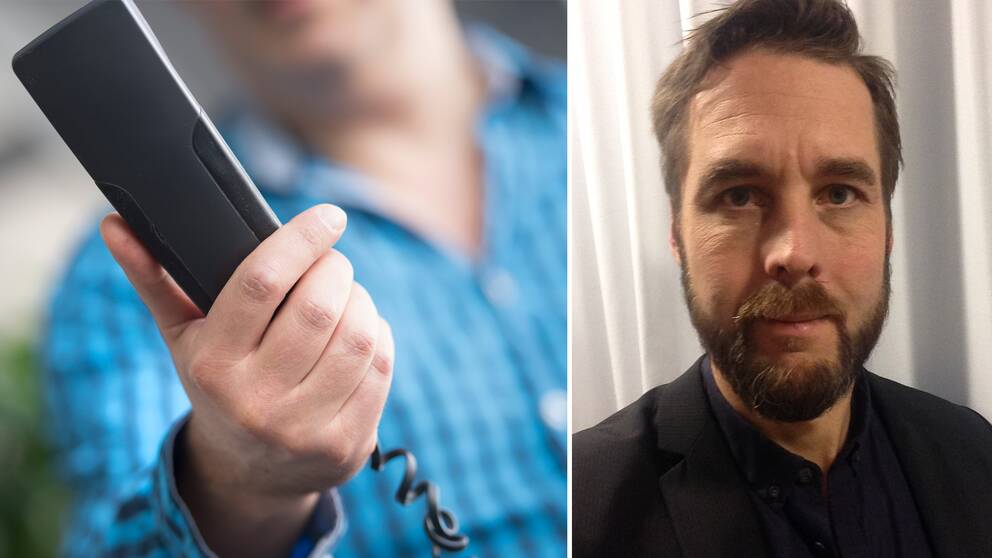 Fotomontage. till vänster en telefonlur till höger ett porträtt på säkerhetschef Anders Fridborg.