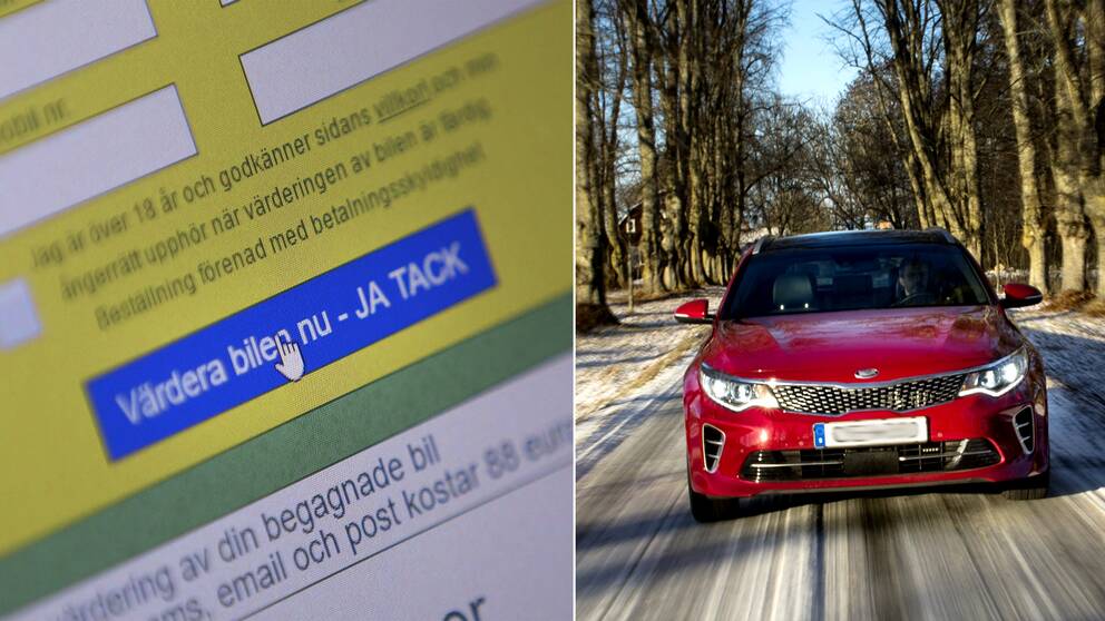 Närbild på dataskärm som visar en bilvärderingssajt, samt bild på en röd bil.