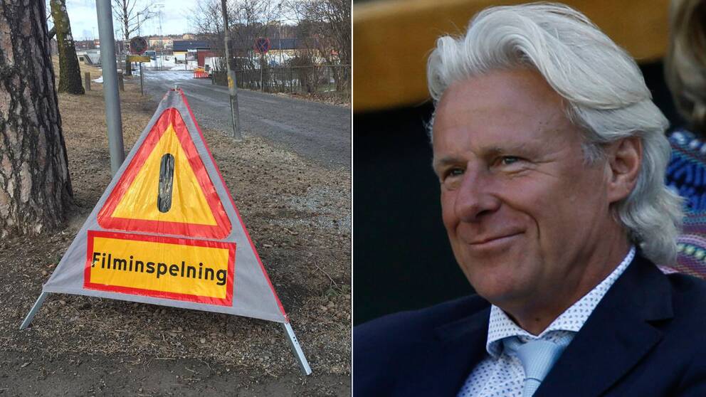 varningsskylt för filminspelning till vänster. Övre medelålders man med vitgrått hår.
