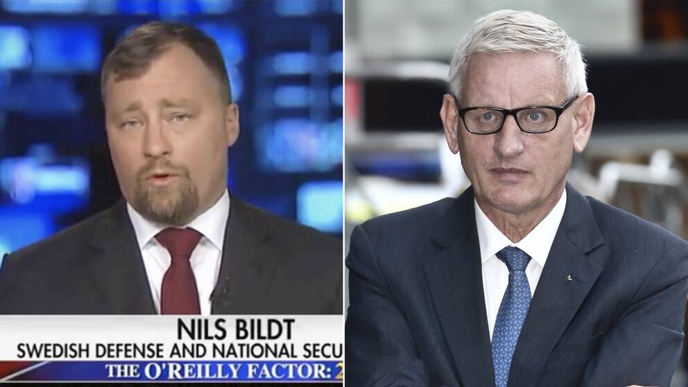 Nils Bildt (till vänster) under sitt omtalade framträdande i Fox News och Carl Bildt (höger).