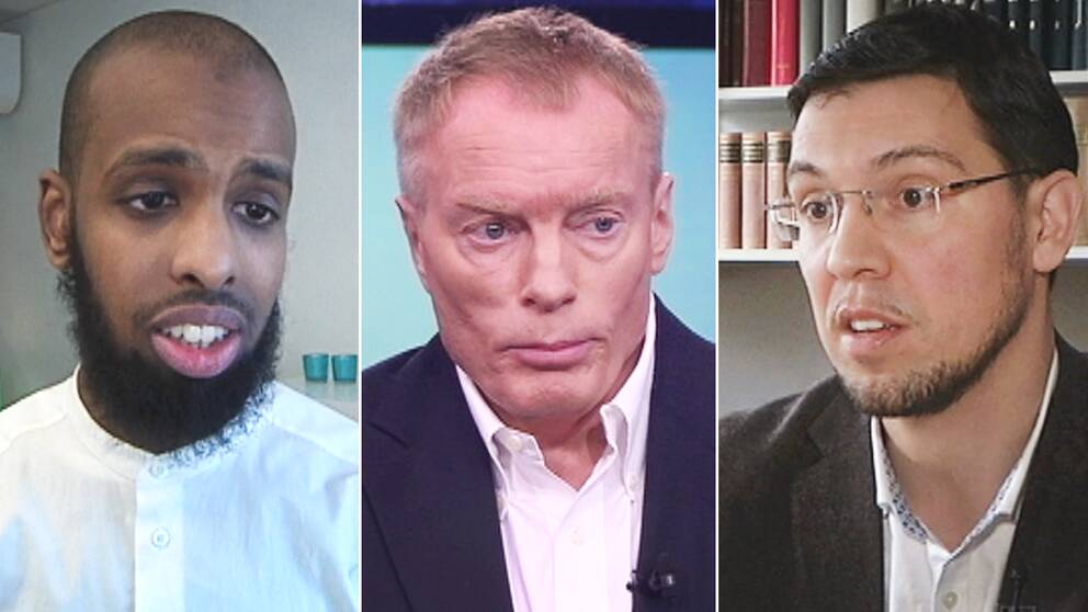 Rashid Musa, ordförande i Sveriges unga muslimer (till vänster), och religionsforskaren Emin Poljarevic (till höger) är kritiska till terrorforskaren Magnus Norells (mitten) rapport.