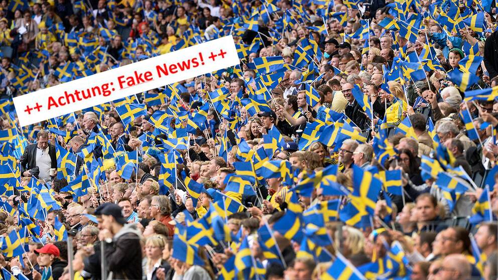 En bild med glada svenska supportrar och tyska UD:s  ”Fake News”-varning infälld i bild