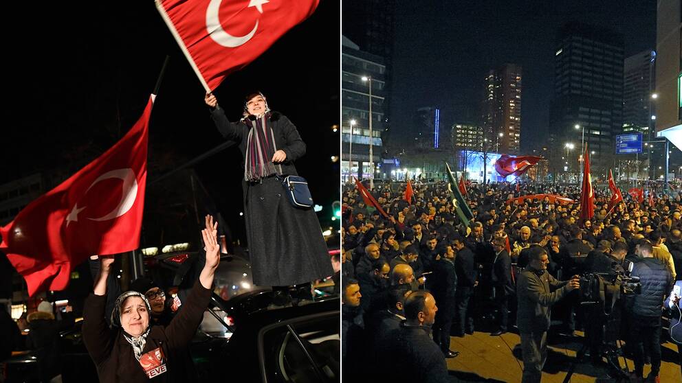 Många människor samlades utanför Turkiets ambassad i Nederländerna för att protestera.
