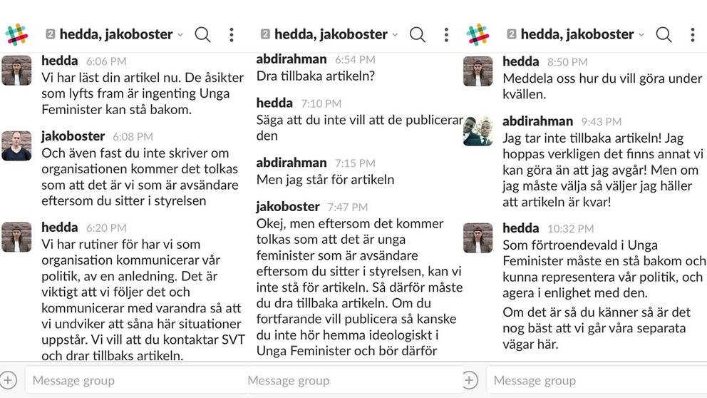 Konversation mellan Hedda Tingskog, Jakov Öster på Unga Feminister och Abdirahman Mohammed Ahmed.