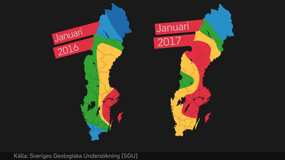 Två kartor i färgerna röd, orange, grön och blå.