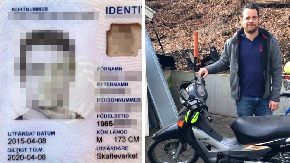 Mikael Carlund och ID-kortet som hittades efter stölden. 