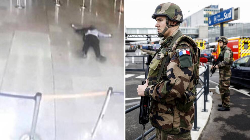 Militärer på plats vid Orly-flygplatsen i södra Paris under lördagen.