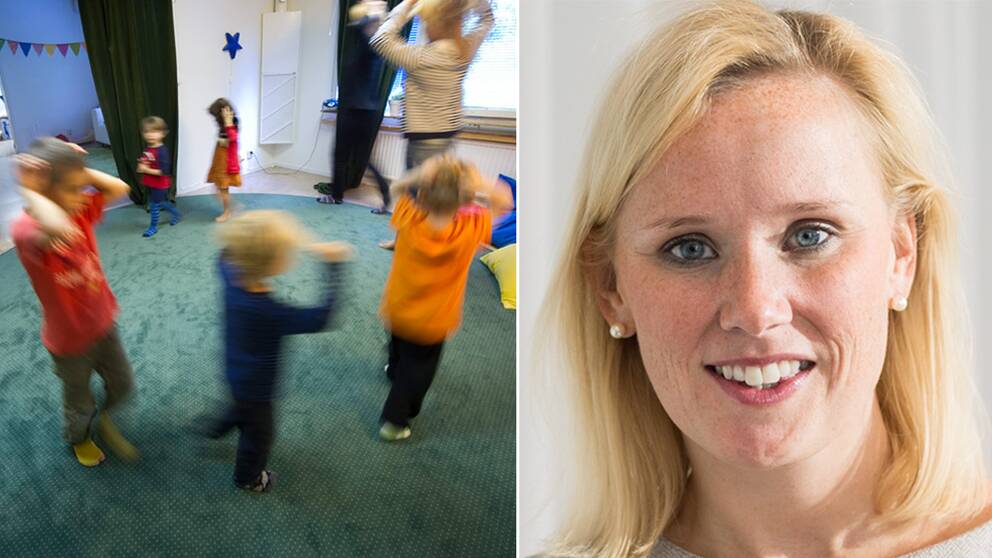 Tvådelad-bild. Till vänster förskolebarn som leker och till höger Caroline Hoffstedt (S)