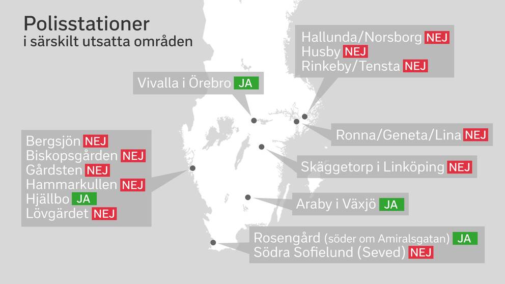 En karta som pekar ut de 15 särskilt utsatta områdena och i vilka det finns polisstationer. 