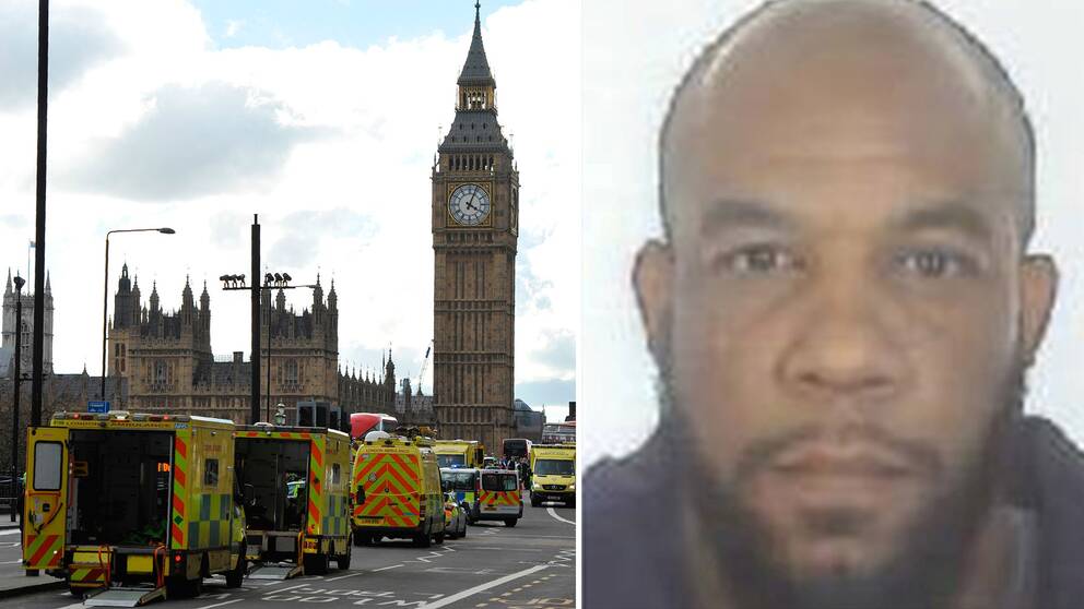 Gärningsmannen Khalid Masood och ambulanser på Westminster Bridge efter attacken.