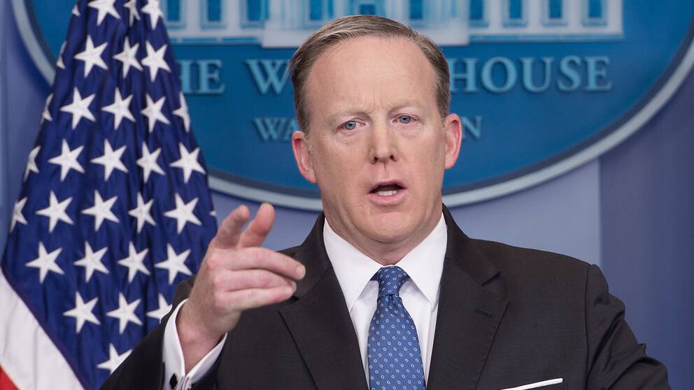 Vita husets pressekreterare Sean Spicer vid sin presskonferens på tisdagen.