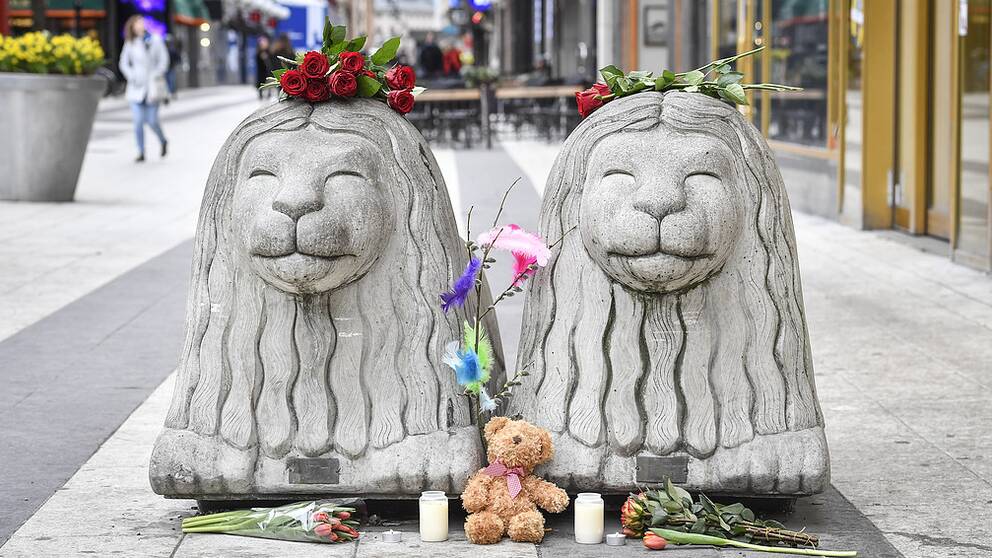 Två betonglejon på Drottninggatan, de har rosor på huvudena och blommor framför sig