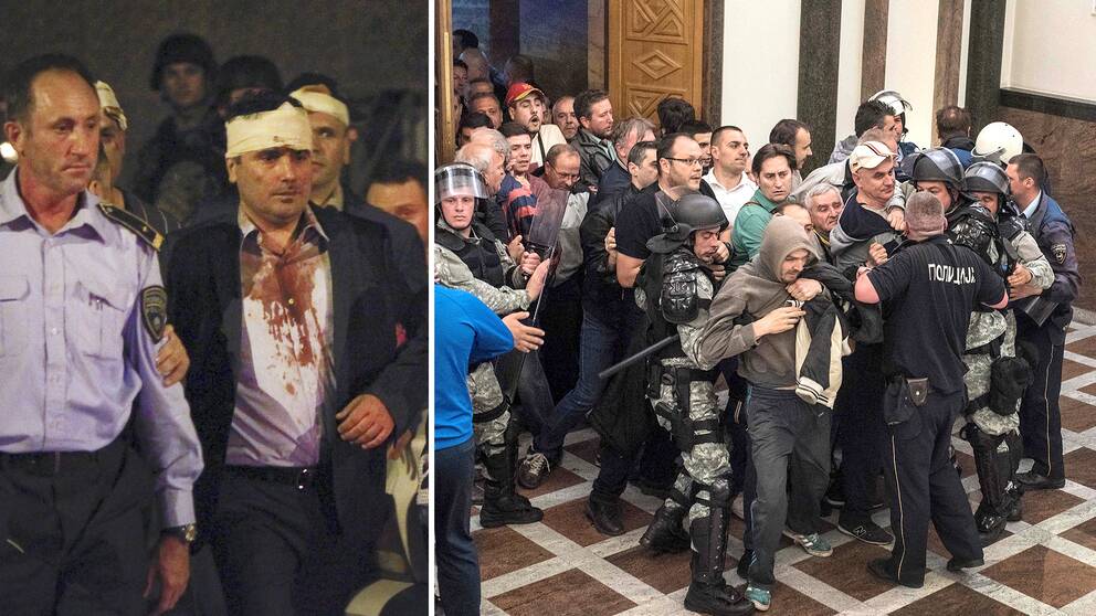 Socialdemokraternas ledare i Makedonien, Zoran Zaev, skadades när nationalistiska demonstranter tog sig in i parlamentet och gick till attack.