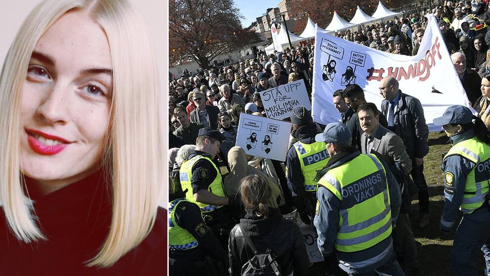 Till vänster: Anna Lie,
jur.stud och styrelseledamot i FEMJUR Lund. Till höger: MALMÖ 2017-05-01 Protester när statsminister Stefan Löfven förstamajtalar i Folkets park i Malmö. Foto: Johan Nilsson / TT / Kod 50090