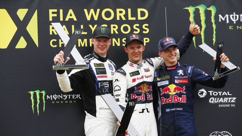Svensk trippel. Johan Kristoffersson tvåa, Mattias Ekström etta och Timmy Hansen trea.