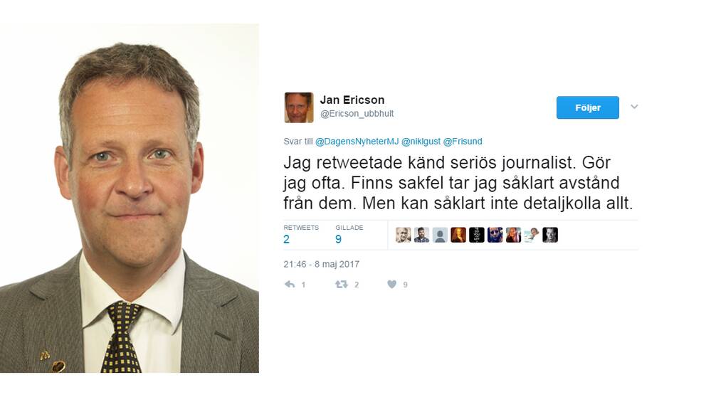 Moderate riksdagsledamoten Jan Ericson (M), till höger skärmdump från Twitter.