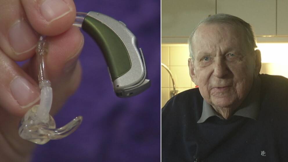 Närbild på hörselapparat till vänster. Lennart Assarsson, patient, till höger. Bilden är ett montage.