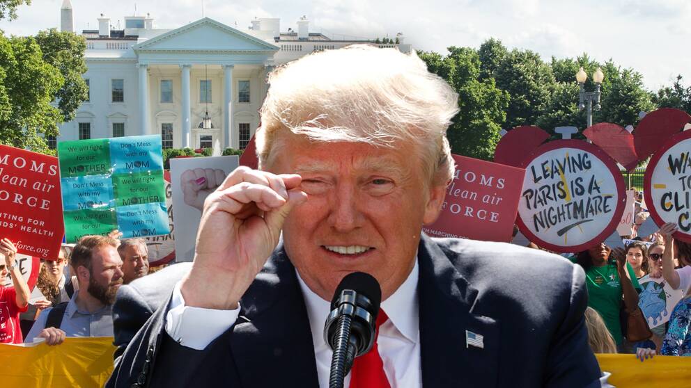 Bilden är ett montage. Den 1 juni sa Trump att USA ska dra sig ur Parisavtalet, och illustrerade temperaturförändringen mellan två fingrar. Samma dag hölls senare en demonstration mot beskedet utanför Vita huset.