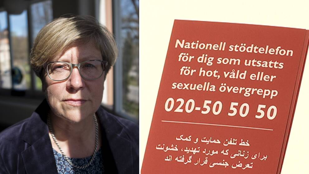 Bilden visar Åsa Witkowski som är verksamhetschef för den nationella Kvinnofridslinjen. Till höger syns en bild på numret till stödlinjen.