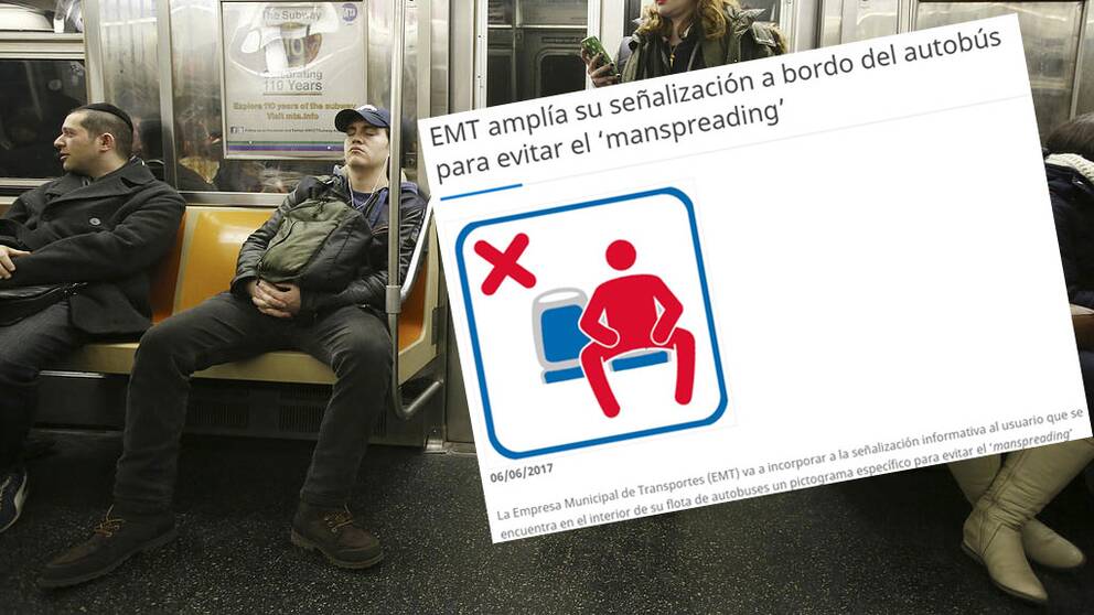 Man som sitter med benen brett isär och en förbudskylt som förmedlar att det inte är tillåtet att sitta på det viset.
