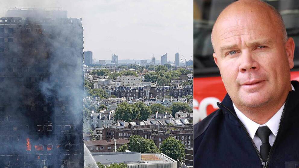 Till vänster: Smoke and flames billows from Grenfell Tower as firefighters attempt to control a blaze at a residential block of flats on June 14, 2017 in west London. At least six people were killed Wednesday when a massive fire tore through a London apartment block in the middle of the night, with witnesses reporting terrified people had leapt from the 24-storey tower. / AFP PHOTO / Adrian DENNIS   TILL HÖGER: Anders Ekberg Räddningstjänsten Storgöteborg