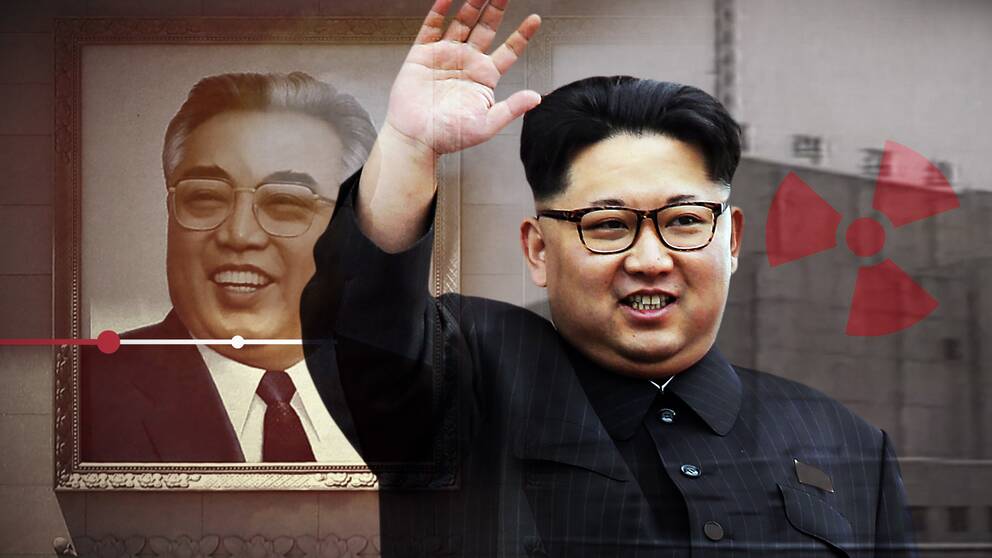 Montage: Kim Jong Un vinkar. Norkoreanskt kärnkraftverk i bakgrunden.