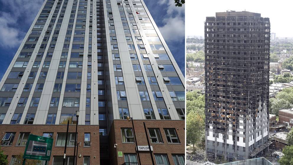 Chalcots estate i Camden i norra London (vänster) evakueras efter dödsbranden i Grenfell Tower (höger).