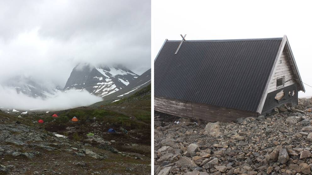 Till vänster: sikten är dålig från Kebnekaise Fjällstation, vilket syns på den här bilden av Kebnekaisemassivet. Till höger: de fyra turisterna sitter fast i den gamla toppstugan.