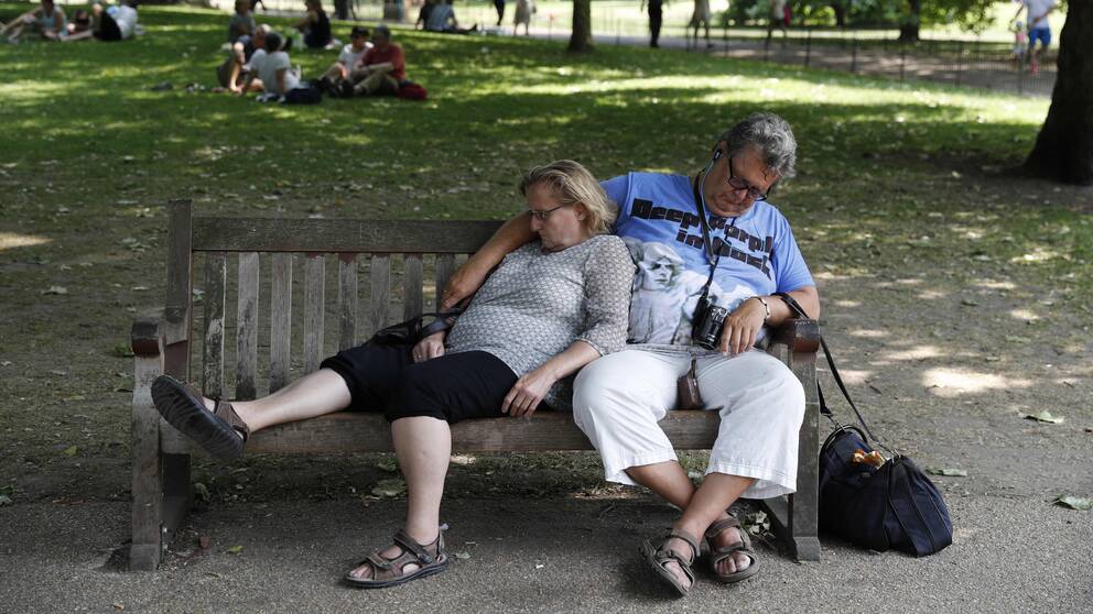 Ett par tar en paus från värmen och vilar på en bänk i St Jamesparken i centrala London.