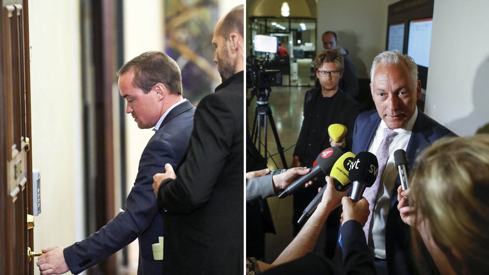 Kent Ekeroth och hans advokat Johan Eriksson tar emot beskedet om den fällande domen på onsdagen klockan 11.