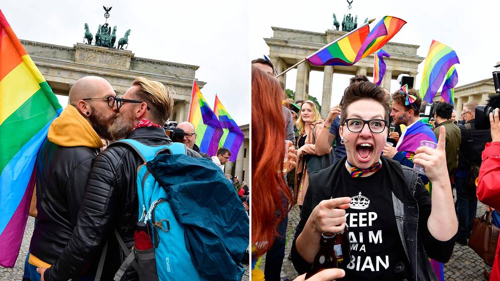 Efter att tyska förbundsdagen röstat ja till legalisering av smakönade äktenskap firade folksamlingen vid Brandenburg Gate i Berlin.