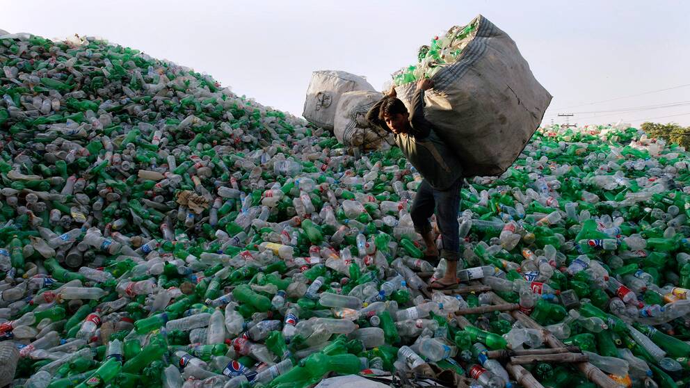 Arbetare bär plastflaskor på ett berg av flaskor vid en återvinningscentral i Lahore, Pakistan.