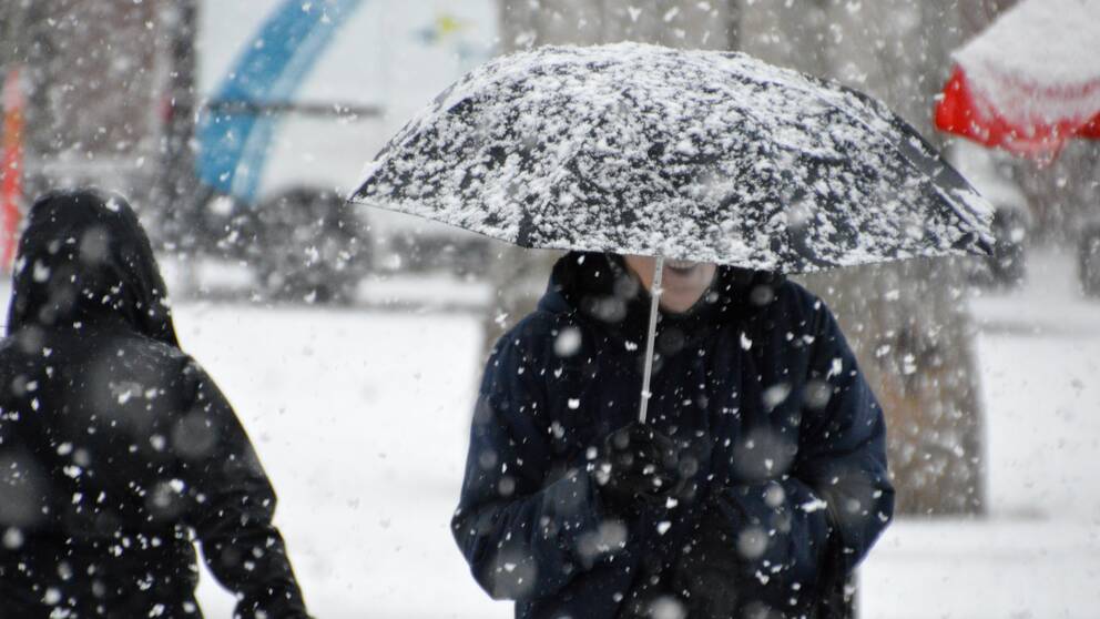 Man som ler under paraply när snön faller.