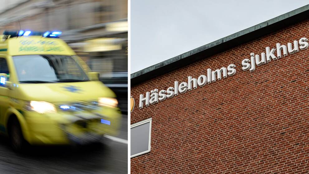 En ambulans och Hässleholms sjukhus.