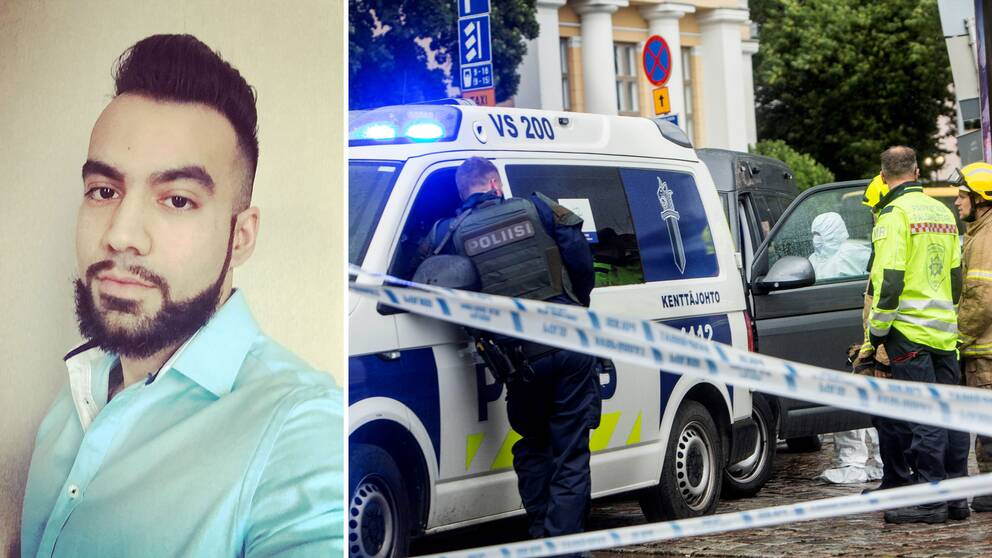 Bild på Paiman Afzali och bild på polisavspärrningarna vid Salutorget i Åbo.