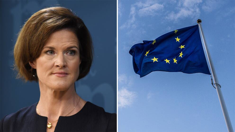 Till vänster Anna Kinberg Batra. Till höger en eu-flagga som vajar i vinden mot blå himmel.