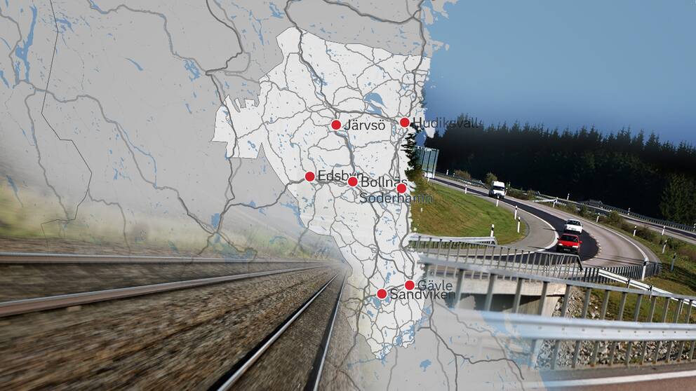 Karta över gävleborg med infällda bilder på väg och järnvägar