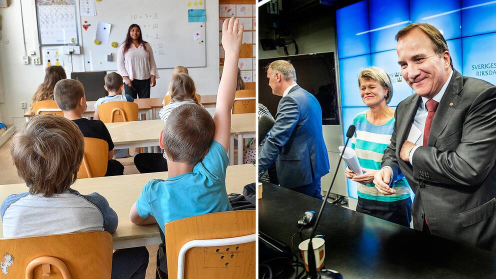 En pojke räcker upp handen i ett klassrum, samt statsminister Stefan Löfven (S) och Ulla Andersson (V).