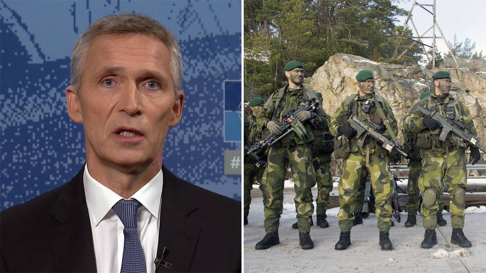 Till vänster bild från tv-intervju med Jens Stoltenberg framför en blåspräcklig skärm. Till höger arkivbild på svensk militär. Tre personer står i gröna kamouflagekläder med gröna baskrar och grön färg i ansiktet.
