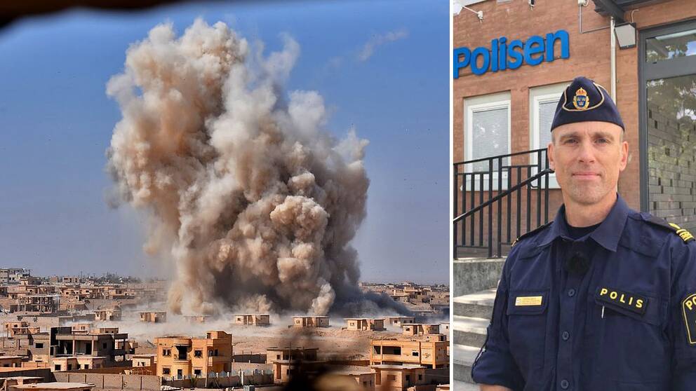Rök från en explosion i Syrien och polisen Fredrik Malm.