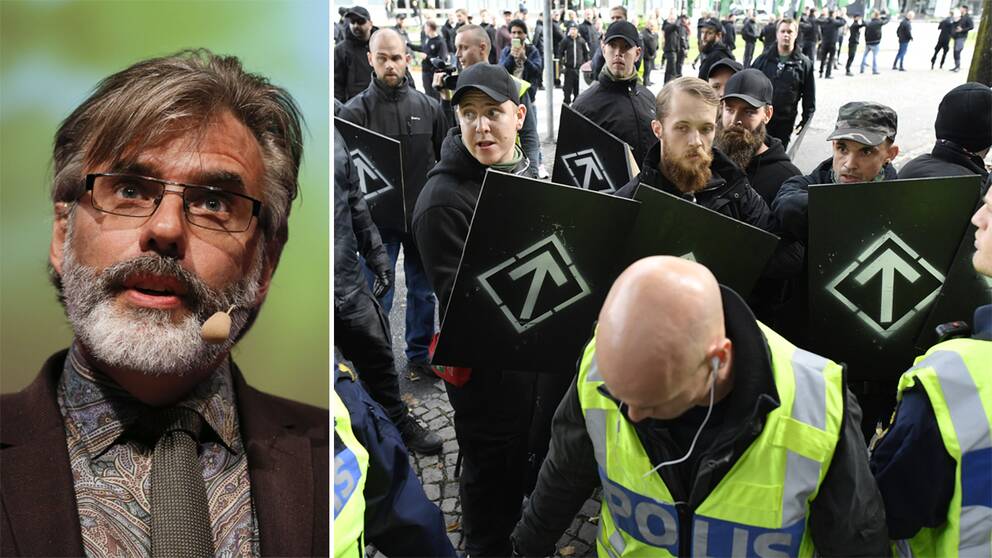 Till vänster en bild av Christer Mattsson. Till höger flera män i svarta kläder, svara kepsar och med sköldar med nordiska symbol på. I förgrunden ses en civilklädd polis i en reflexväst med texten ”polis”.