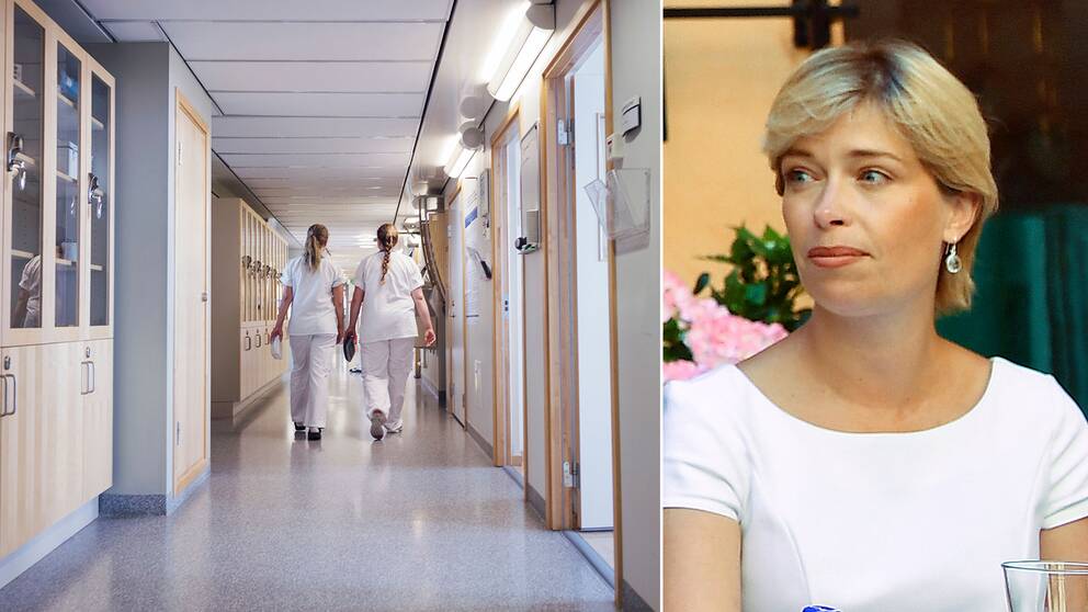 Sjukvårdspersonal i en korridor samt socialminister Annika Strandhäll